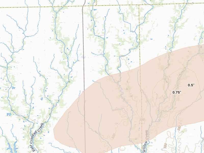 Radar-estimated hail-size map of the storm over Yale, IL on Jun 21, 2026