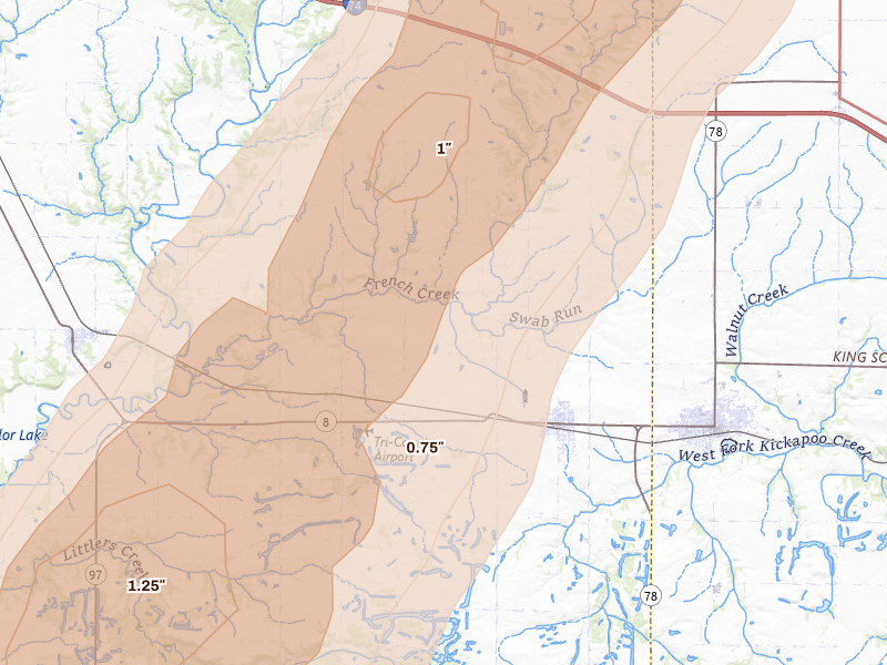 Radar-estimated hail-size map of the storm over Yates City, IL on Apr 17, 2026