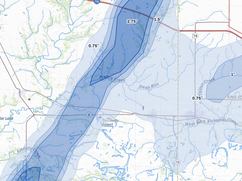 NEXRAD radar-signature map of the hail over Yates City, IL