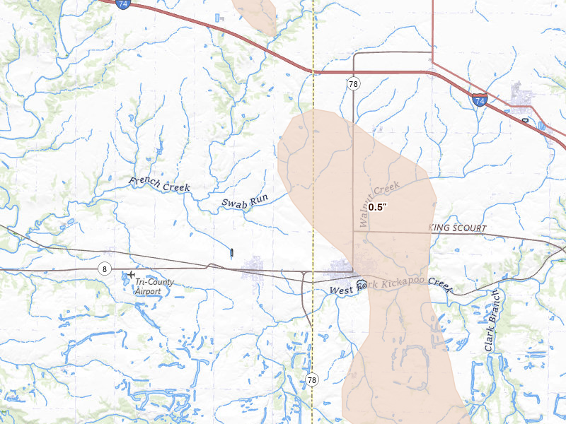 Radar-estimated hail-size map of the storm over Yates City, IL on Aug 21, 2026