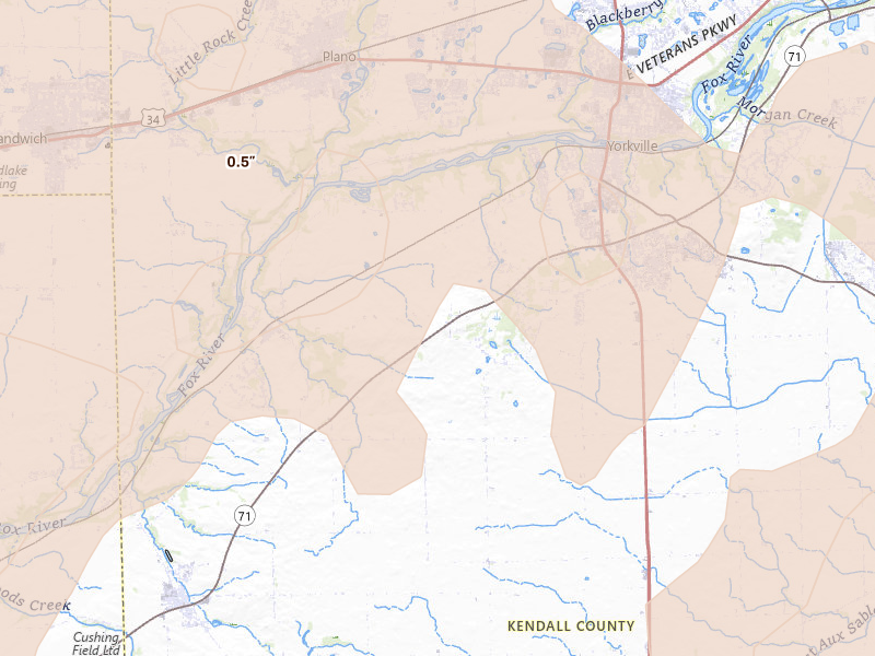Radar-estimated hail-size map of the storm over Yorkville, IL on Mar 10, 2026