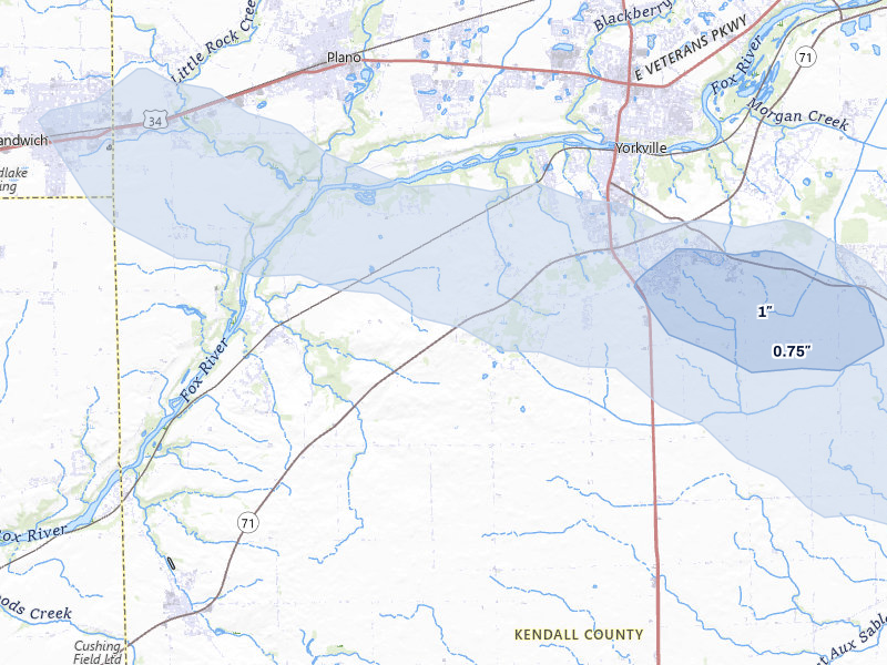 NEXRAD radar-signature map of the hail over Yorkville, IL