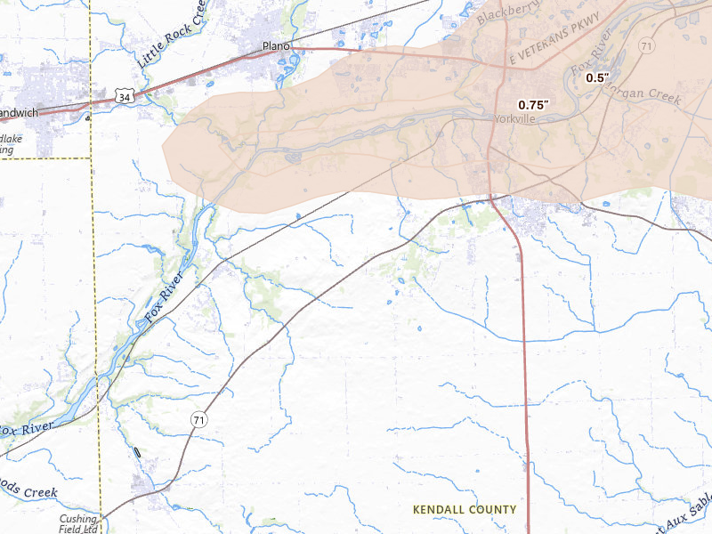 Radar-estimated hail-size map of the storm over Yorkville, IL on Mar 30, 2026
