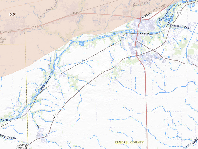 Radar-estimated hail-size map of the storm over Yorkville, IL on Jul 2, 2026