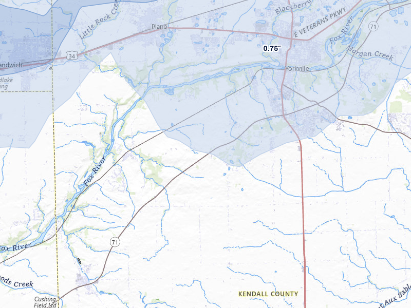NEXRAD radar-signature map of the hail storm over Yorkville, IL on Jul 3, 2026