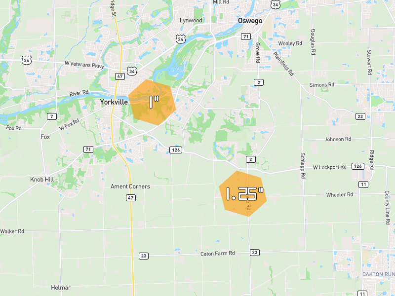 Hail map of Yorkville, IL on Jul 3, 2026, hail up to 1.25"