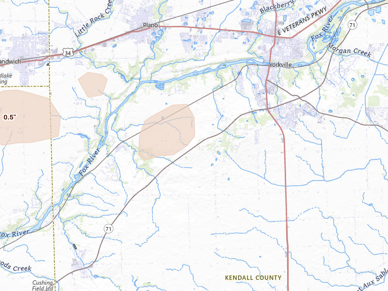 Radar-estimated hail-size map of the storm over Yorkville, IL on Jul 4, 2026