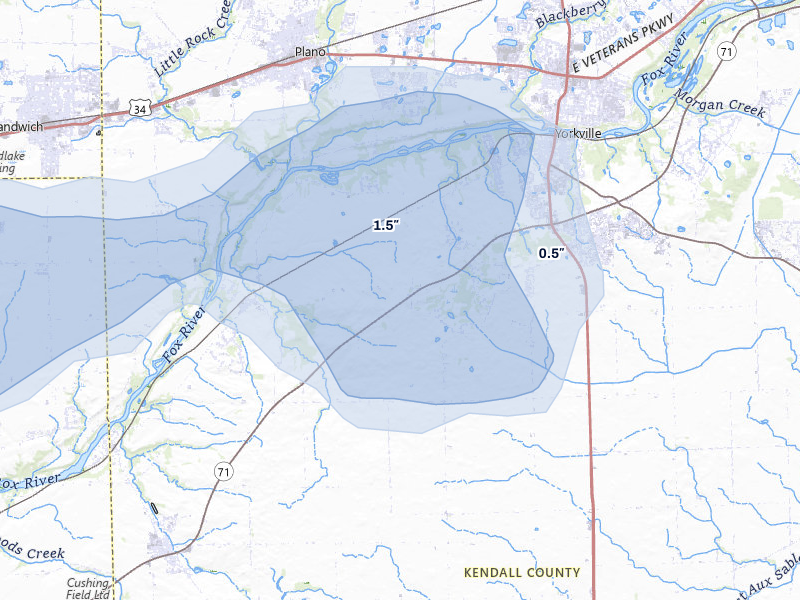 NEXRAD radar-signature map of the hail over Yorkville, IL