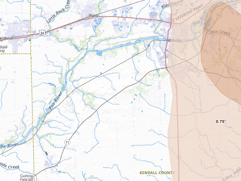 Radar-estimated hail-size map of the storm over Yorkville, IL on Jul 27, 2026