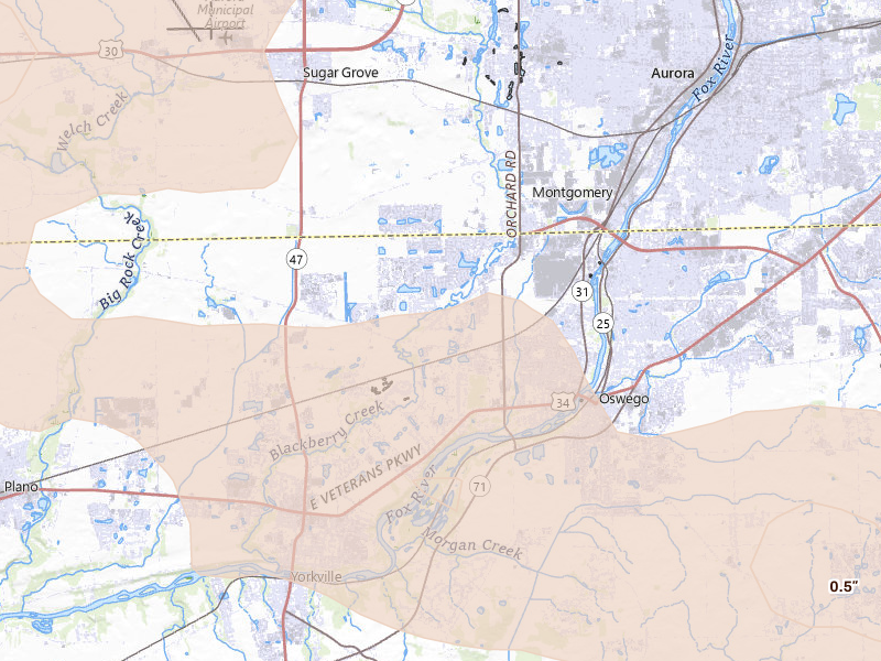 Radar-estimated hail-size map of the storm over Yorkville, IL on Aug 11, 2026