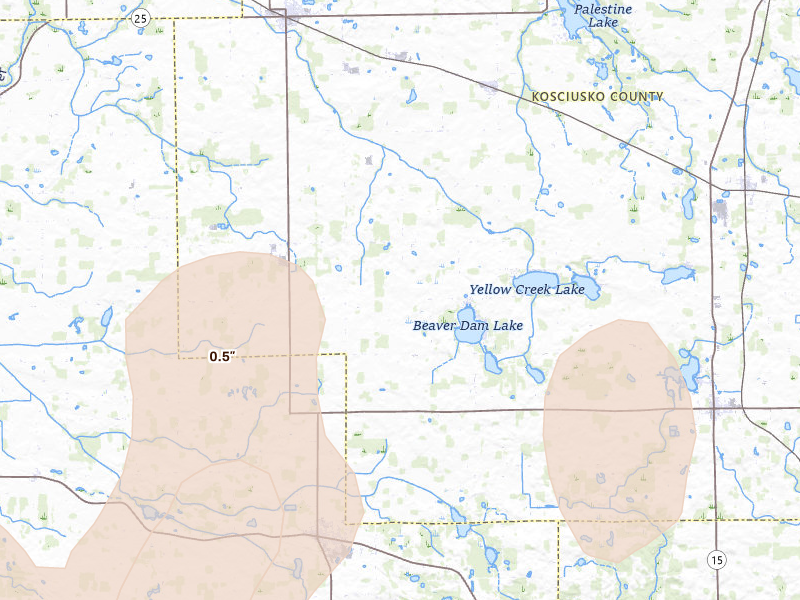 Radar-estimated hail-size map of the storm over Akron, IN on Mar 26, 2026