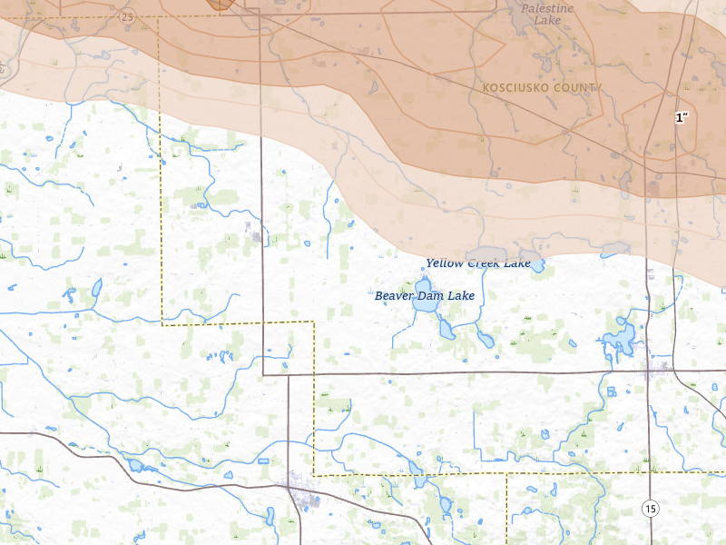 Radar-estimated hail-size map of the storm over Akron, IN on Mar 31, 2026