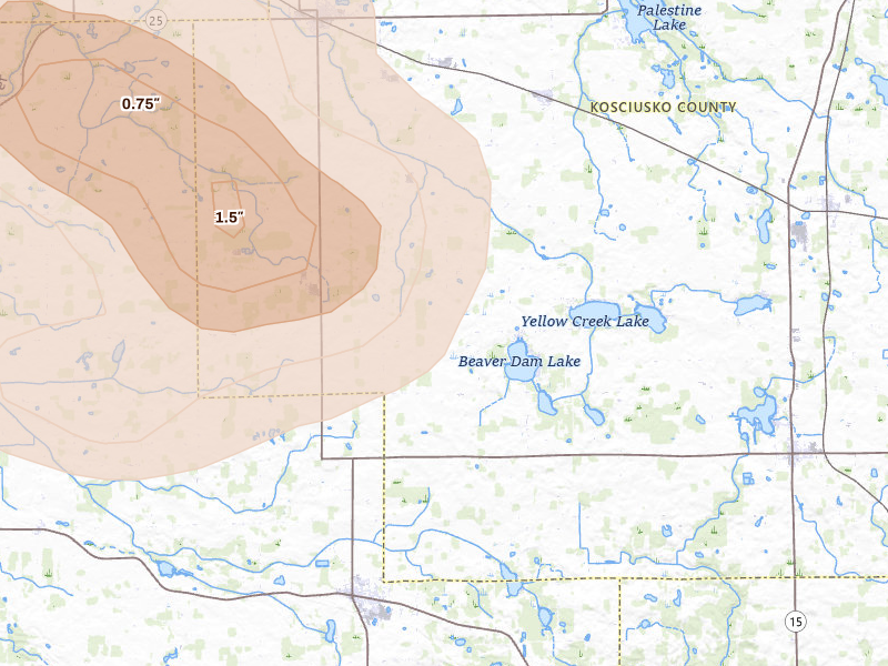 Radar-estimated hail-size map of the storm over Akron, IN on Apr 22, 2026