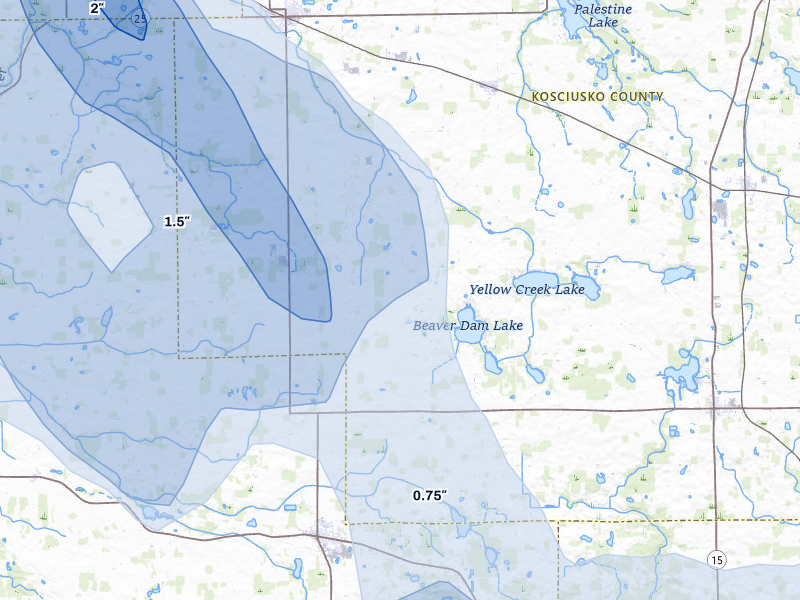 NEXRAD radar-signature map of the hail storm over Akron, IN on Apr 22, 2026