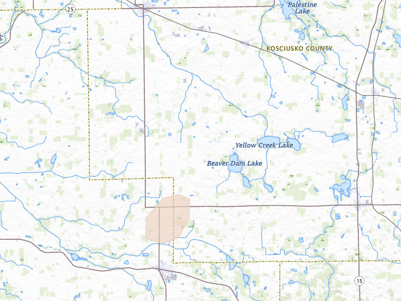 Radar-estimated hail-size map of the storm over Akron, IN on Jul 3, 2026