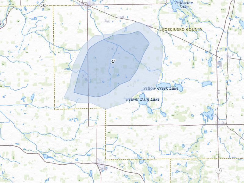 NEXRAD radar-signature map of the hail storm over Akron, IN on Jul 3, 2026