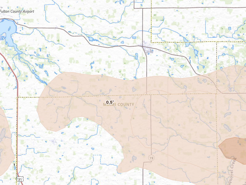 Radar-estimated hail-size map of the storm over Akron, IN on Aug 10, 2026