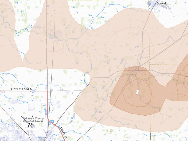 Radar-estimated hail-size map of the storm over Albany, IN on Mar 22, 2026