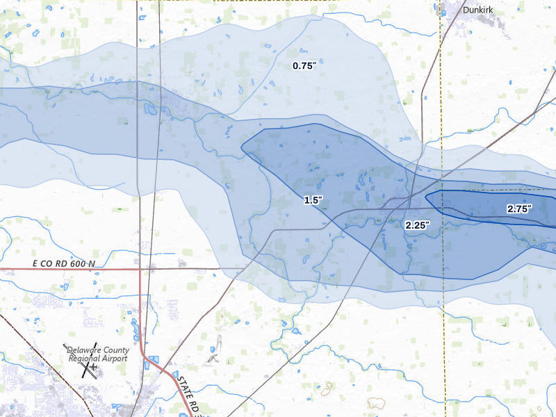 NEXRAD radar-signature map of the hail storm over Albany, IN on Mar 22, 2026