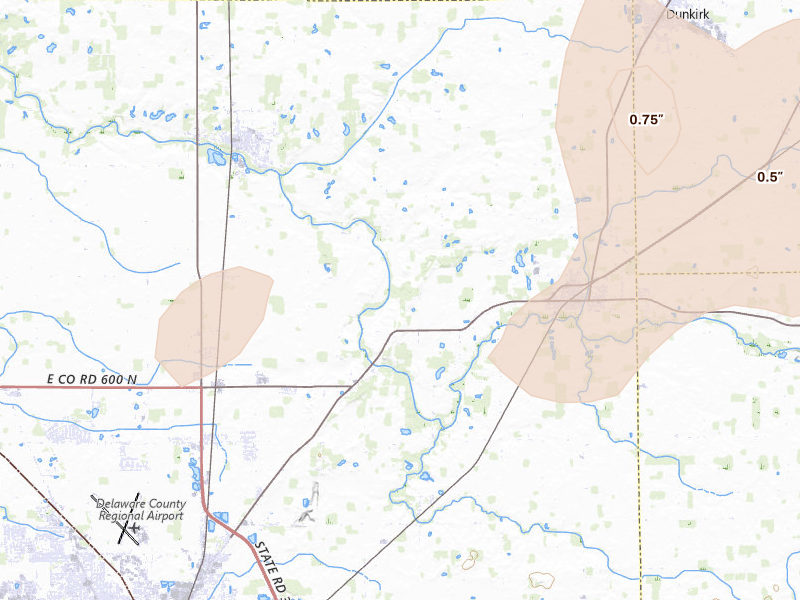 Radar-estimated hail-size map of the storm over Albany, IN on Jul 3, 2026