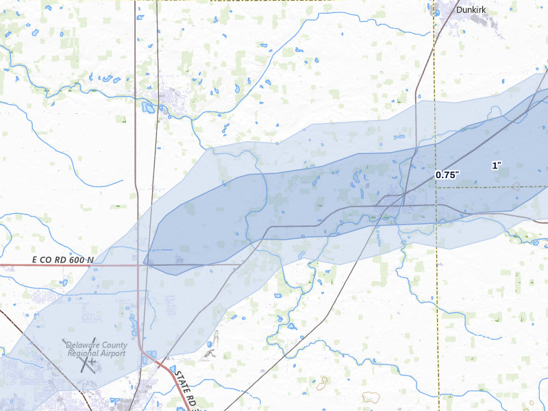 NEXRAD radar-signature map of the hail storm over Albany, IN on Jul 3, 2026