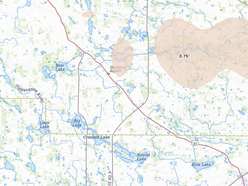 Radar-estimated hail-size map of the storm over Albion, IN on Mar 31, 2026