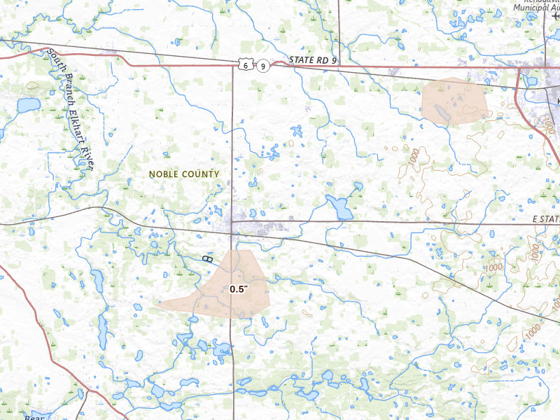 Radar-estimated hail-size map of the storm over Albion, IN on Aug 10, 2026