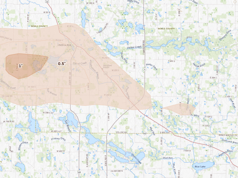Radar-estimated hail-size map of the storm over Albion, IN