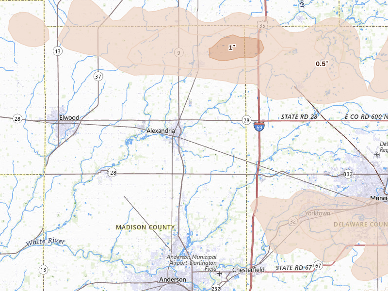 Radar-estimated hail-size map of the storm over Alexandria, IN on Mar 22, 2026