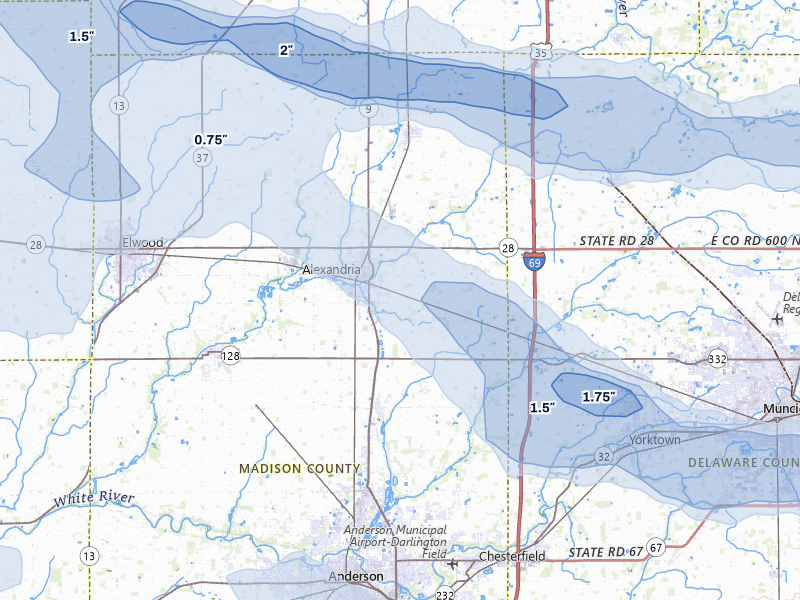 NEXRAD radar-signature map of the hail storm over Alexandria, IN on Mar 22, 2026