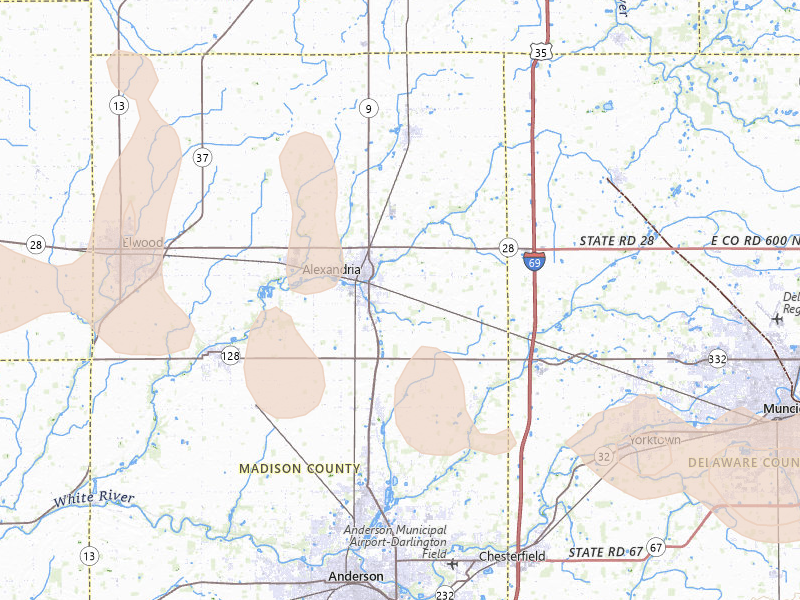 Radar-estimated hail-size map of the storm over Alexandria, IN on Mar 26, 2026
