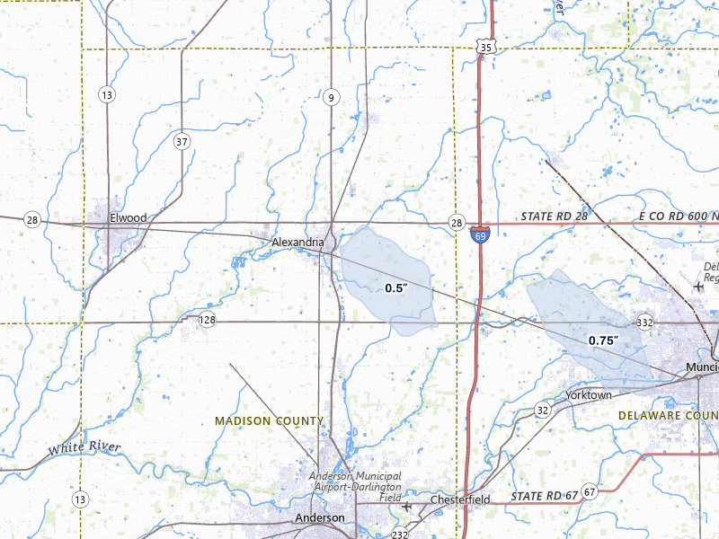 NEXRAD radar-signature map of the hail storm over Alexandria, IN on Jun 6, 2026