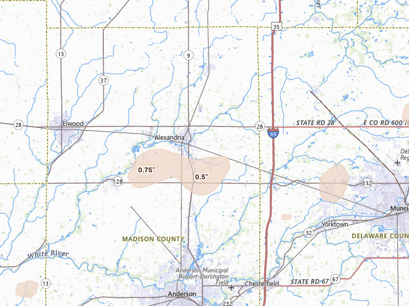Radar-estimated hail-size map of the storm over Alexandria, IN on Jul 3, 2026