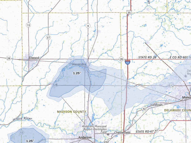 NEXRAD radar-signature map of the hail storm over Alexandria, IN on Jul 3, 2026