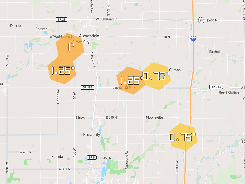Hail map of Alexandria, IN on Jul 3, 2026, hail up to 1.25"