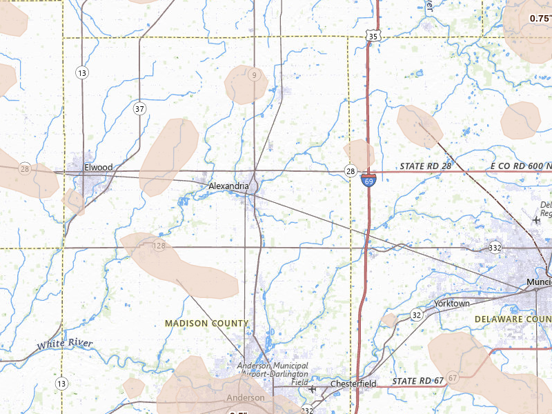 Radar-estimated hail-size map of the storm over Alexandria, IN on Aug 11, 2026