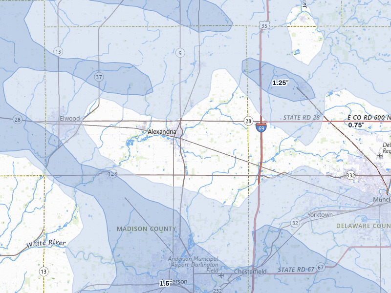 NEXRAD radar-signature map of the hail storm over Alexandria, IN on Aug 11, 2026
