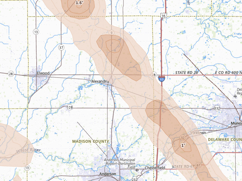 Radar-estimated hail-size map of the storm over Alexandria, IN on Aug 13, 2026