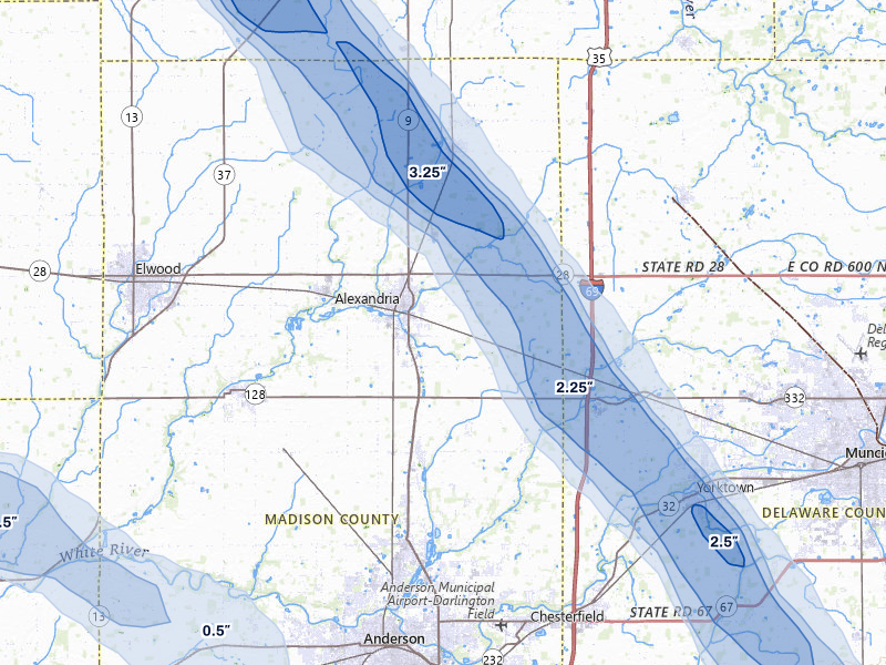 NEXRAD radar-signature map of the hail storm over Alexandria, IN on Aug 13, 2026