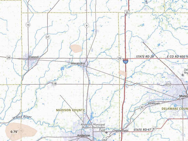 Radar-estimated hail-size map of the storm over Alexandria, IN on Aug 19, 2026