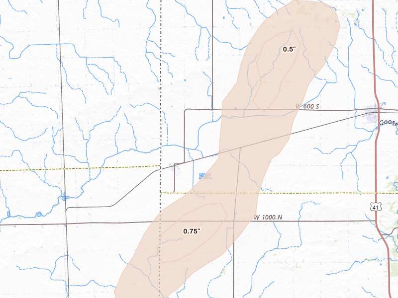 Radar-estimated hail-size map of the storm over Ambia, IN on Jul 3, 2026