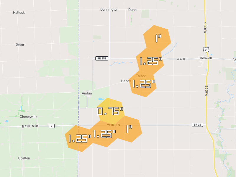 Hail map of Ambia, IN on Jul 4, 2026, hail up to 1.25"