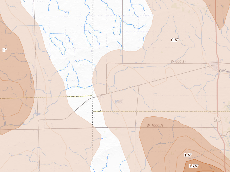 Radar-estimated hail-size map of the storm over Ambia, IN on Jul 27, 2026