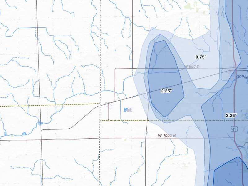NEXRAD radar-signature map of the hail over Ambia, IN