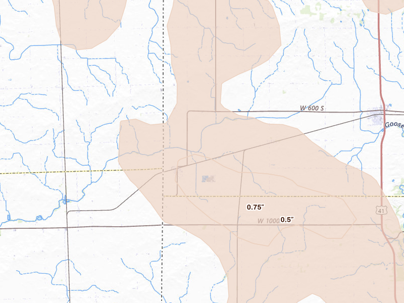 Radar-estimated hail-size map of the storm over Ambia, IN on Aug 9, 2026