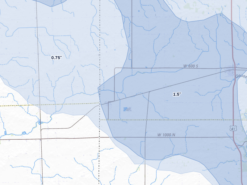 NEXRAD radar-signature map of the hail storm over Ambia, IN on Aug 9, 2026