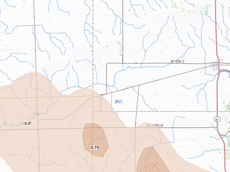 Radar-estimated hail-size map of the storm over Ambia, IN on Aug 11, 2026