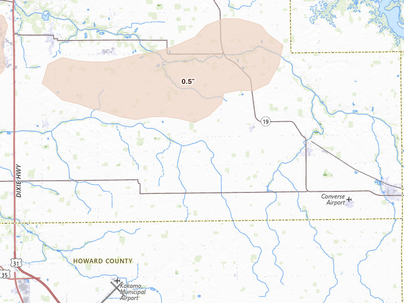 Radar-estimated hail-size map of the storm over Amboy, IN on Jun 16, 2026