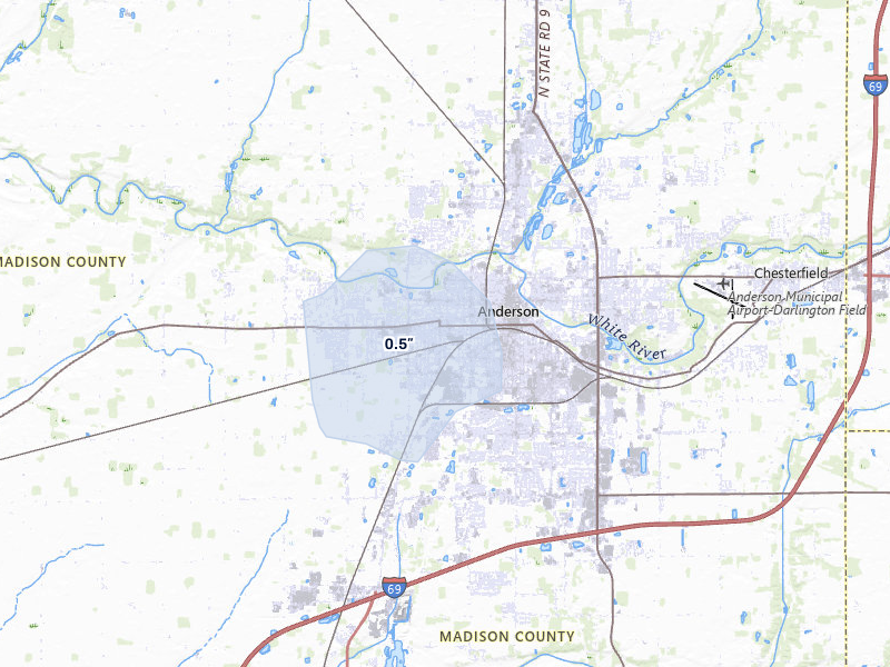 NEXRAD radar-signature map of the hail storm over Anderson, IN on Jun 7, 2026