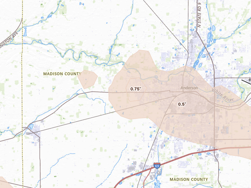 Radar-estimated hail-size map of the storm over Anderson, IN on Aug 11, 2026